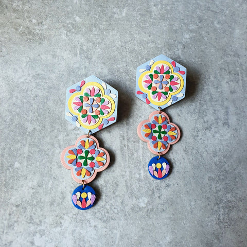 Stacked Peranakan Tile Dangle-studs (PASTEL)