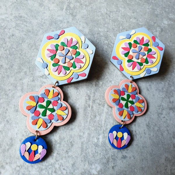 Stacked Peranakan Tile Dangle-studs (PASTEL)