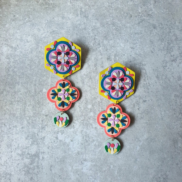 Stacked Peranakan Tile Dangle-studs (NEON)