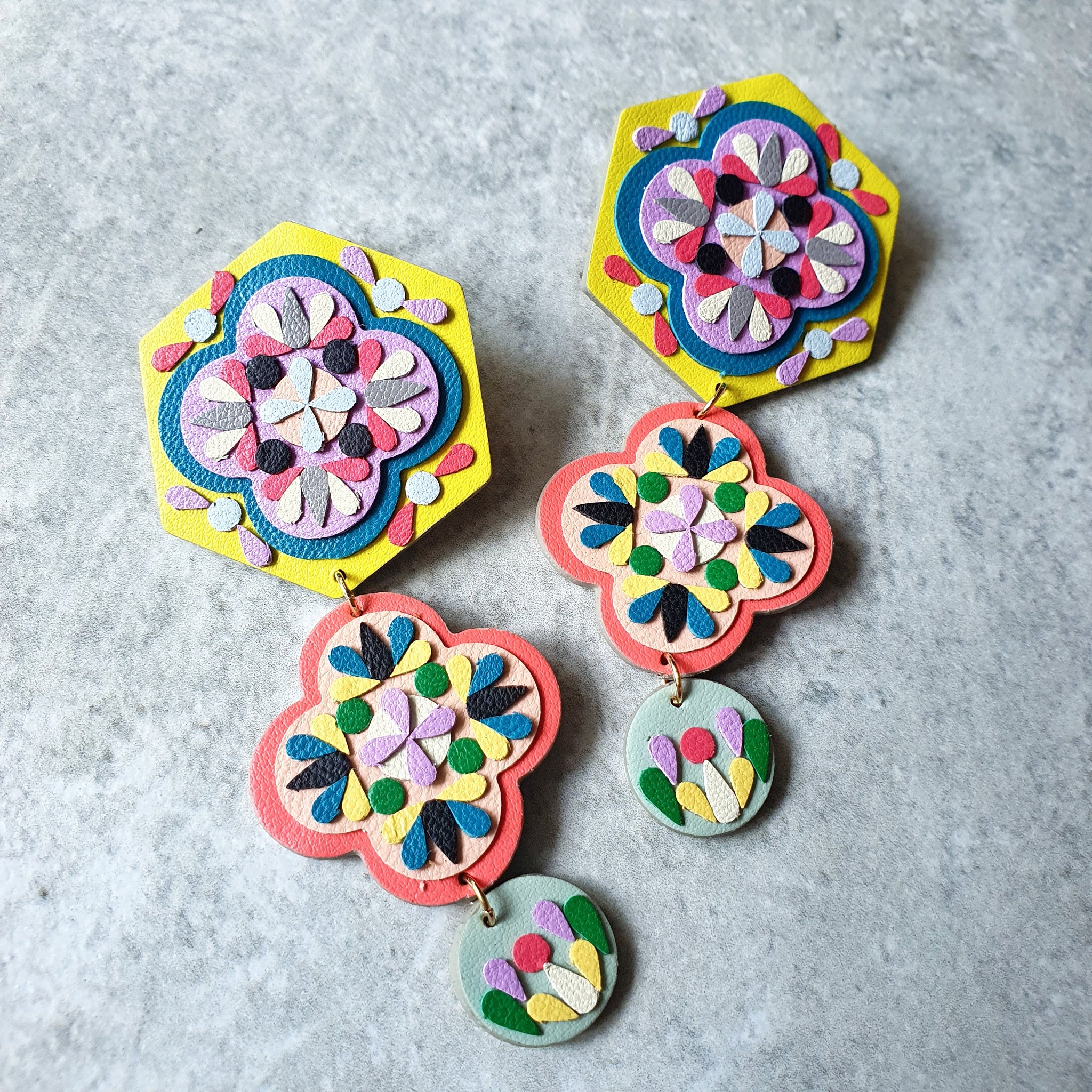 Stacked Peranakan Tile Dangle-studs (NEON)