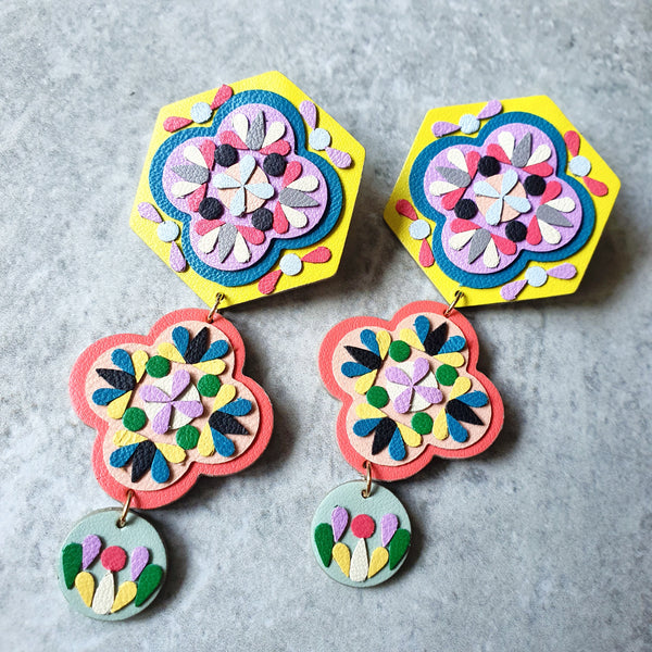 Stacked Peranakan Tile Dangle-studs (NEON)