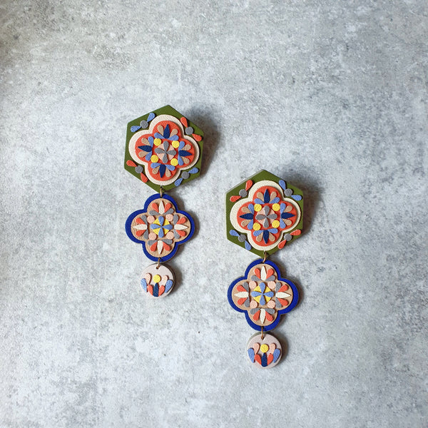 Stacked Peranakan Tile Dangle-studs (MOSS)