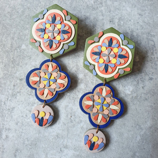 Stacked Peranakan Tile Dangle-studs (MOSS)