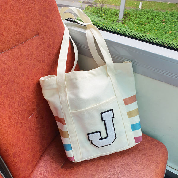 Rainbow Striped Tote with Initial (MOODY)