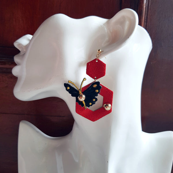 Butterfly Garden Asymmetrical Earrings (RED)
