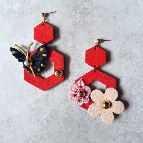 Butterfly Garden Asymmetrical Earrings (RED)