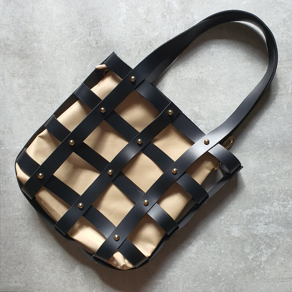 Leather Square Caged Tote (BLACK)