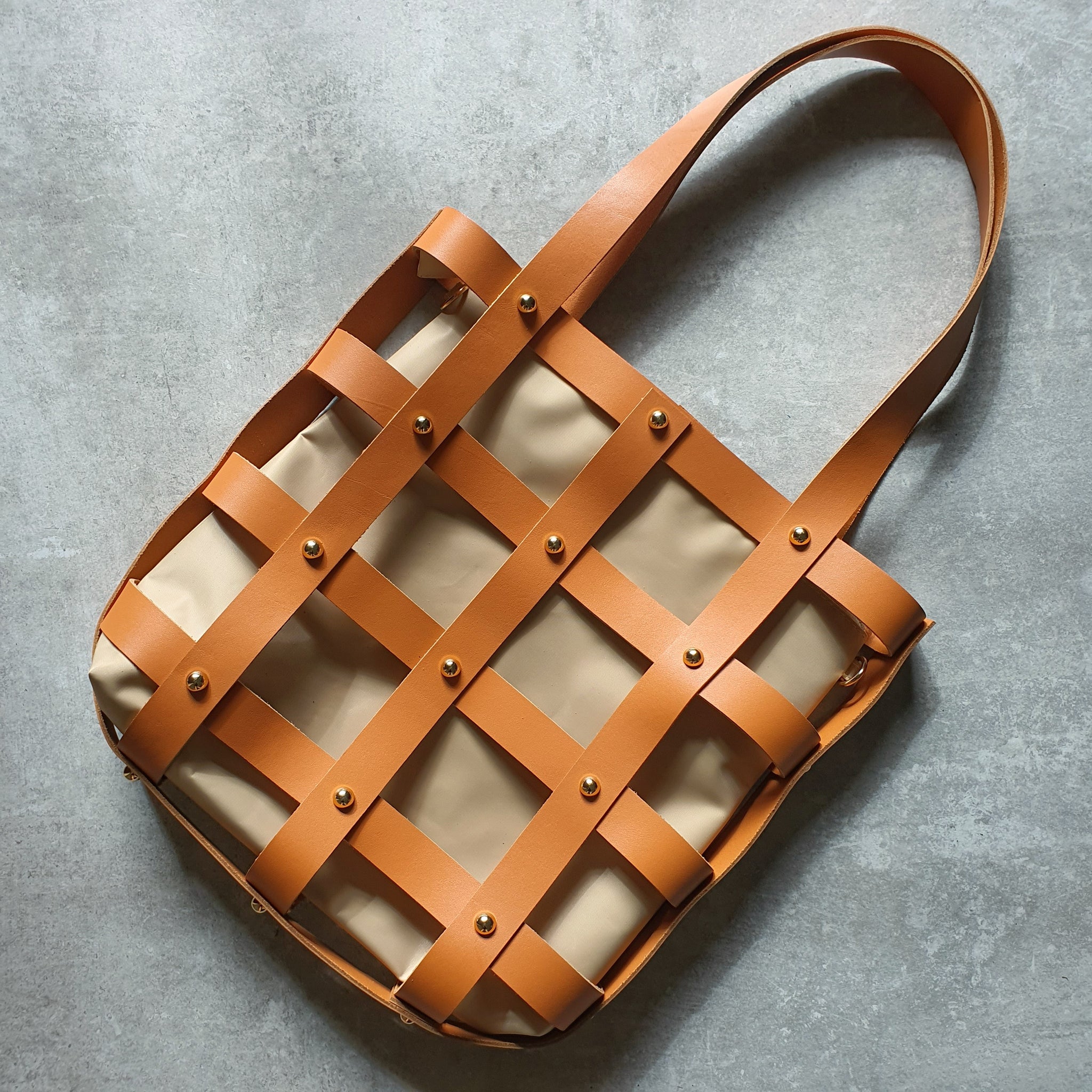 Leather Square Caged Tote (CAMEL)