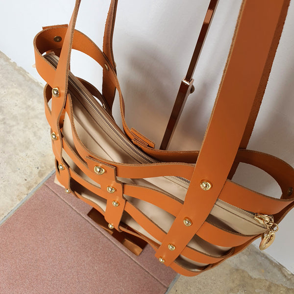 Leather Square Caged Tote (CAMEL)