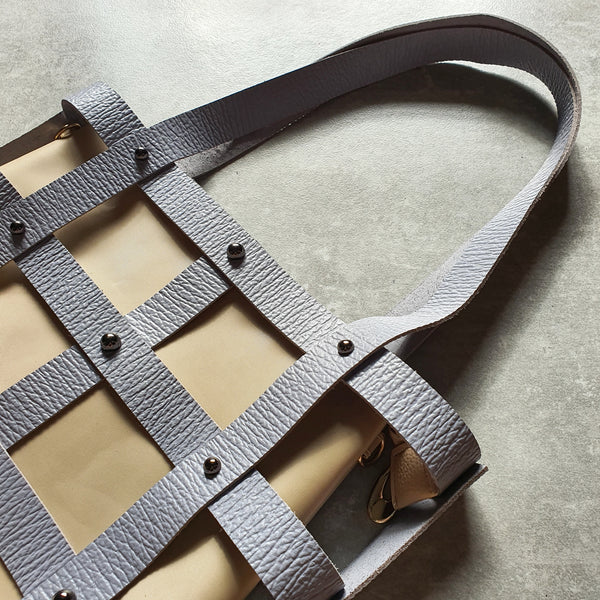 Leather Square Caged Tote (GRAY)