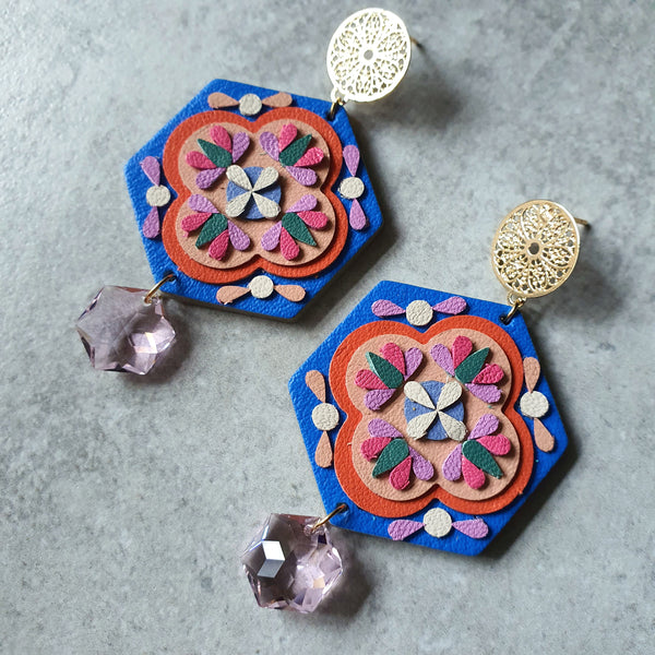 Peranakan Tile Earrings with Swarovski Drop (ROYAL BLUE)