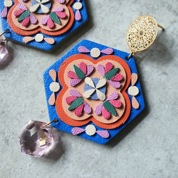 Peranakan Tile Earrings with Swarovski Drop (ROYAL BLUE)