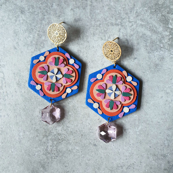 Peranakan Tile Earrings with Swarovski Drop (ROYAL BLUE)