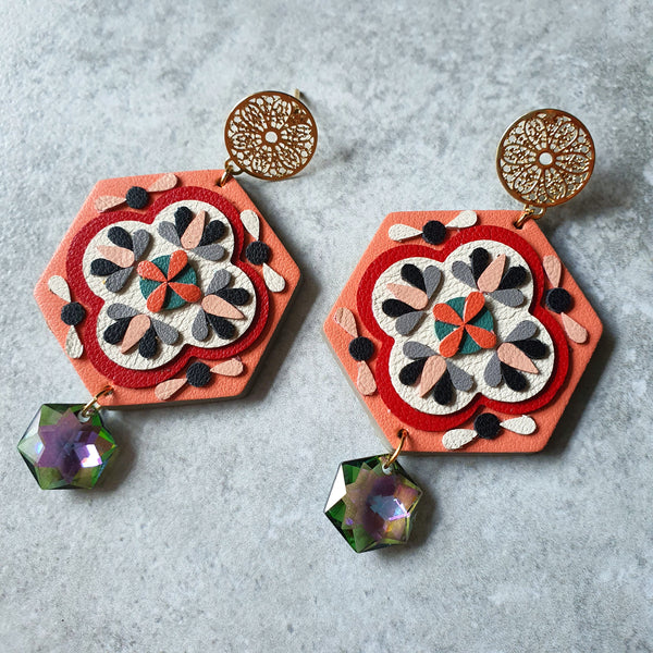 Peranakan Tile Earrings with Swarovski Drop (SALMON)