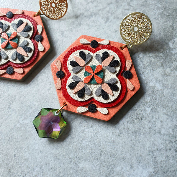 Peranakan Tile Earrings with Swarovski Drop (SALMON)