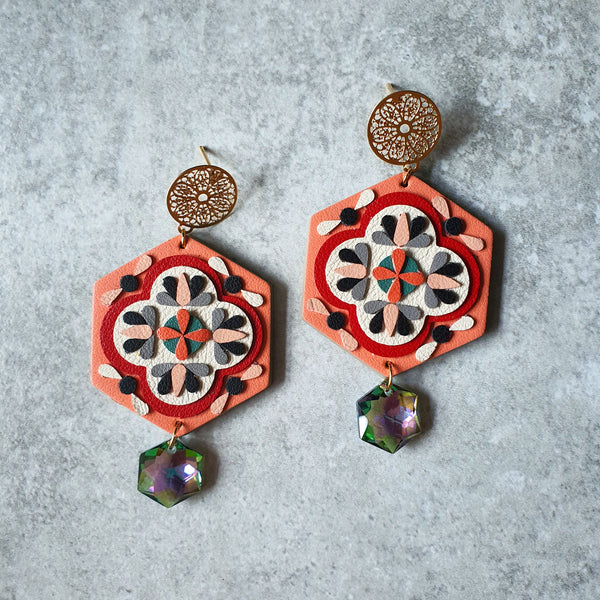 Peranakan Tile Earrings with Swarovski Drop (SALMON)
