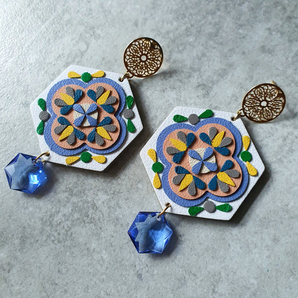 Peranakan Tile Earrings with Swarovski Drop (WHITE)