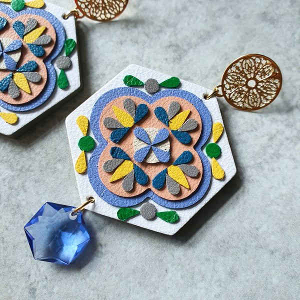Peranakan Tile Earrings with Swarovski Drop (WHITE)