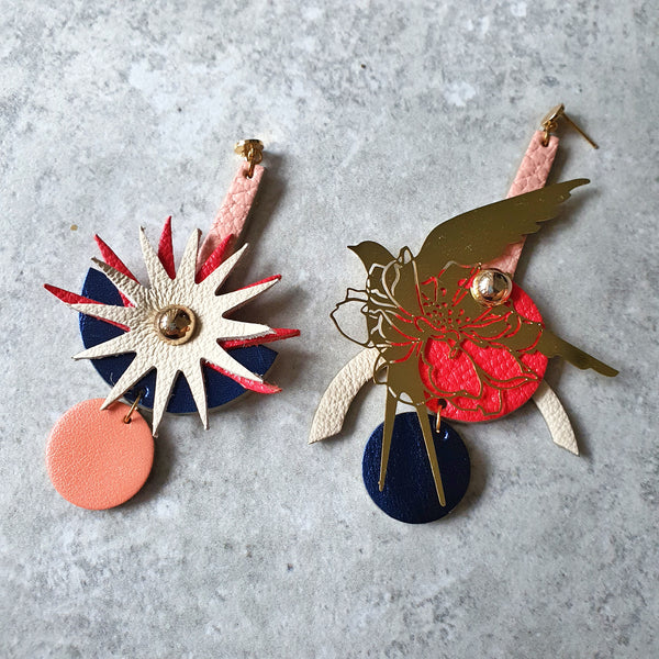 Sunburst Swallow Asymmetrical Earrings (CERISE)