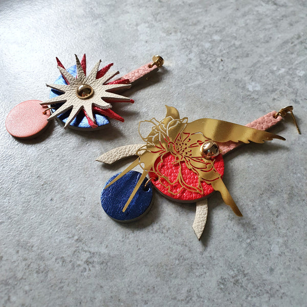 Sunburst Swallow Asymmetrical Earrings (CERISE)
