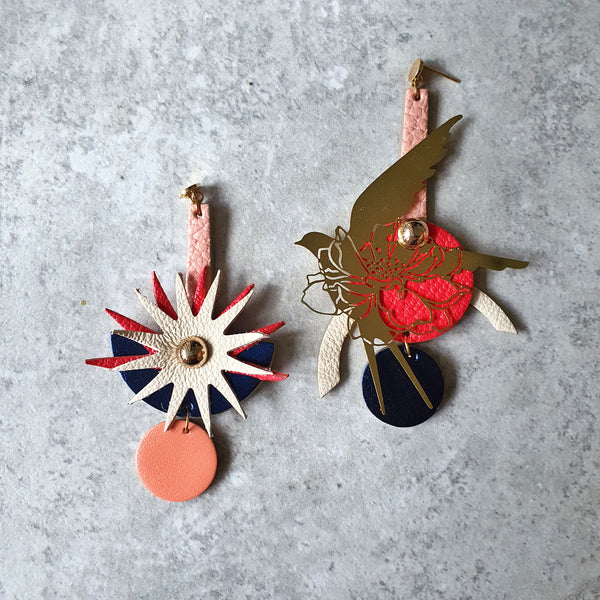 Sunburst Swallow Asymmetrical Earrings (CERISE)