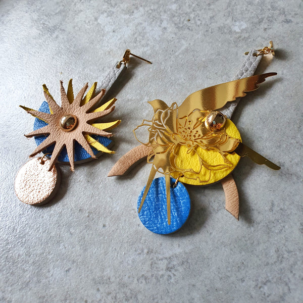 Sunburst Swallow Asymmetrical Earrings (YELLOW)